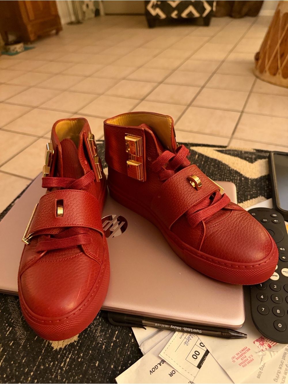 Buscemi Red Leather High-Top Sneakers with Gold Hardware